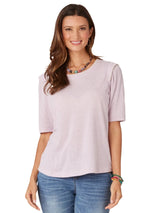 Democracy Womens Elbow Sleeve Flange Shoulder Scoop Neck Contrast Embroidery Knit Top