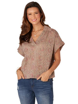 Democracy Womens Extended Short Sleeve Johnny Collar Hi-Low Hem Woven Top