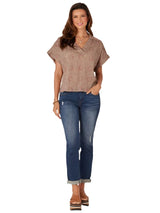Democracy Womens Extended Short Sleeve Johnny Collar Hi-Low Hem Woven Top
