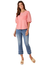 Democracy Womens Elbow Blouson Puff Sleeve Scoop Neck Knit Top with Crochet Pocket