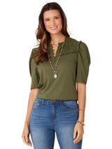 Democracy Womens Round Ruffle Neck Elbow Puff Sleeve Half Button Down Knit Top