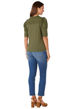 Democracy Womens Round Ruffle Neck Elbow Puff Sleeve Half Button Down Knit Top