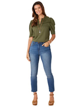 Democracy Womens Round Ruffle Neck Elbow Puff Sleeve Half Button Down Knit Top