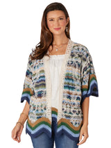 Democracy Womens 3/4 Sleeve Wavy Crochet Border Printed Kimono