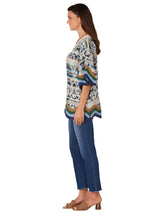 Democracy Womens 3/4 Sleeve Wavy Crochet Border Printed Kimono