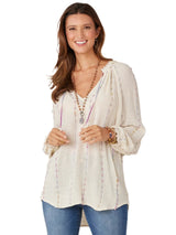 Democracy Womens Long Crochet Blouson Sleeve Split V-Neck Braided Tie Front Woven Top