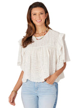 Democracy Womens Short Sleeve Round Neck Embroidered Eyelet Woven Top