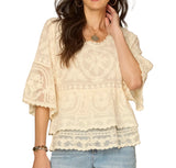 Democracy Womens 3/4 Bell Sleeve Scoop Neck Peplum Embroidered Woven Top