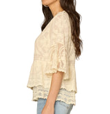 Democracy Womens 3/4 Bell Sleeve Scoop Neck Peplum Embroidered Woven Top