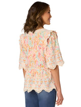 Democracy Womens Below Elbow Bell Sleeve Crochet V-Neck Border Print Woven Top