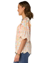 Democracy Womens Below Elbow Bell Sleeve Crochet V-Neck Border Print Woven Top