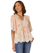 Democracy Womens Below Elbow Bell Sleeve Crochet V-Neck Border Print Woven Top