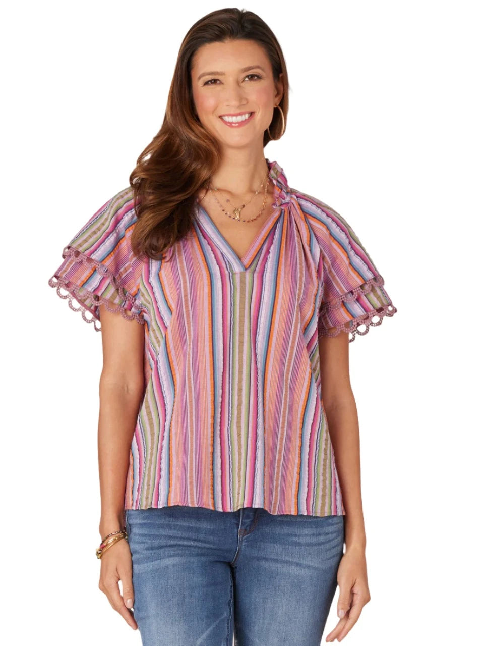 Democracy Womens Double Flounce Short Sleeve Ruffle Edge