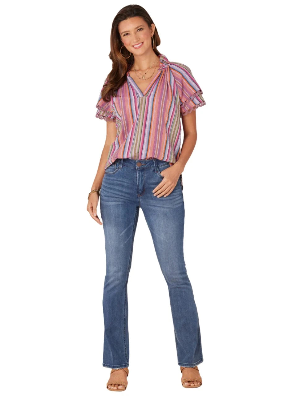 売れ筋商品|||ラッキーブランド カットソー トップス レディース Women's Striped Ruffle V-Neck Blouse Deep Taupe WDIRARA Women's Striped Ruffle Cap Sleeve Notched V Neck