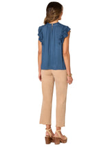 Democracy Womens Double Ruffle Cap Sleeve Round Neck Embroidered Woven Top