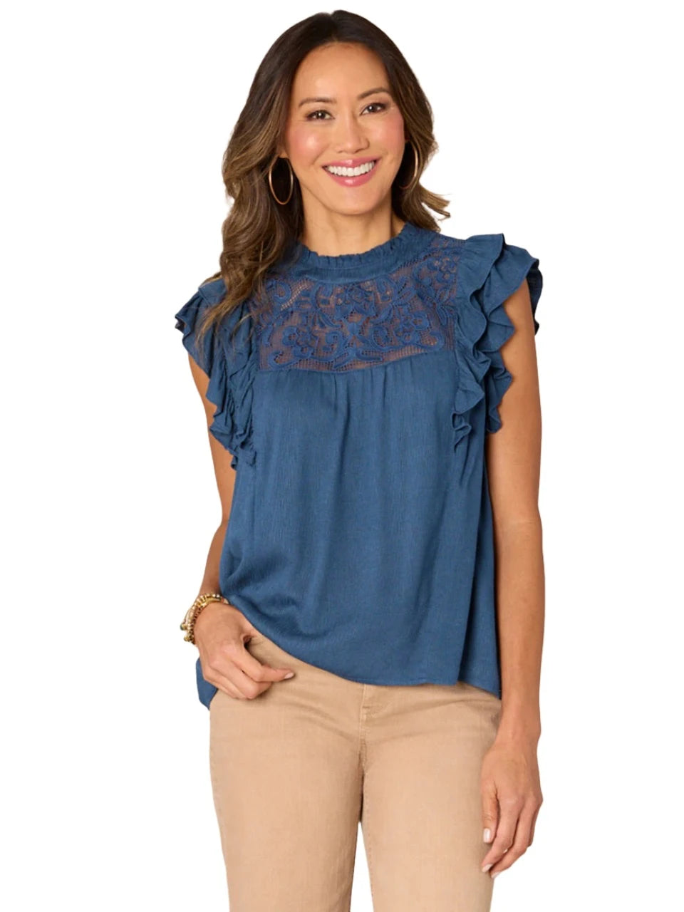 Democracy Womens Double Ruffle Cap Sleeve Round Neck Embroidered Woven ...