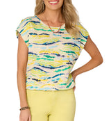 Democracy Womens Origami Cap Sleeve Scoop Neck Abstract Print Cased Hem Hit Top