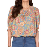 Demmocracy Womens Elbow Blouson Sleeve Scoop Neck Bubble Hem Woven Floral Print Top