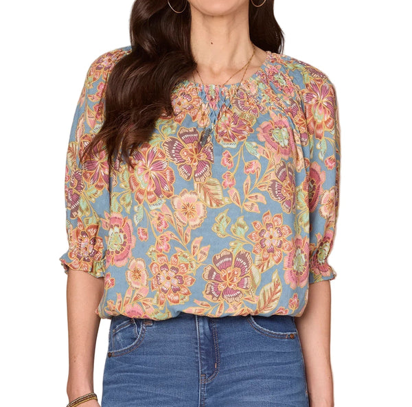 Demmocracy Womens Elbow Blouson Sleeve Scoop Neck Bubble Hem Woven Floral Print Top