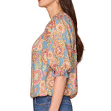 Demmocracy Womens Elbow Blouson Sleeve Scoop Neck Bubble Hem Woven Floral Print Top