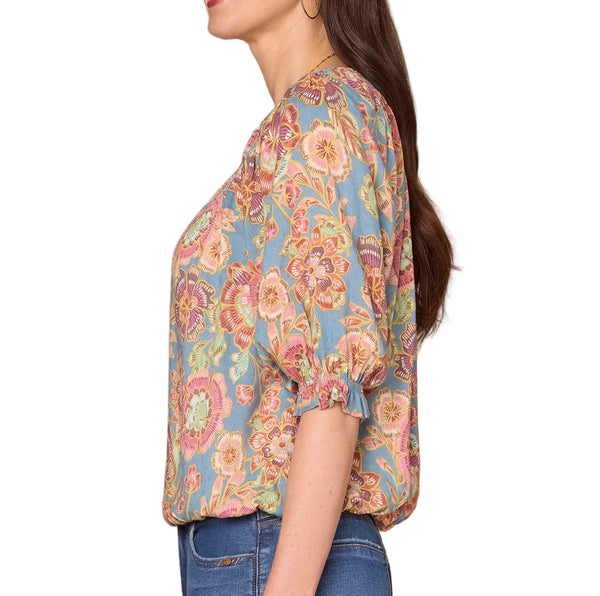 Demmocracy Womens Elbow Blouson Sleeve Scoop Neck Bubble Hem Woven Floral Print Top
