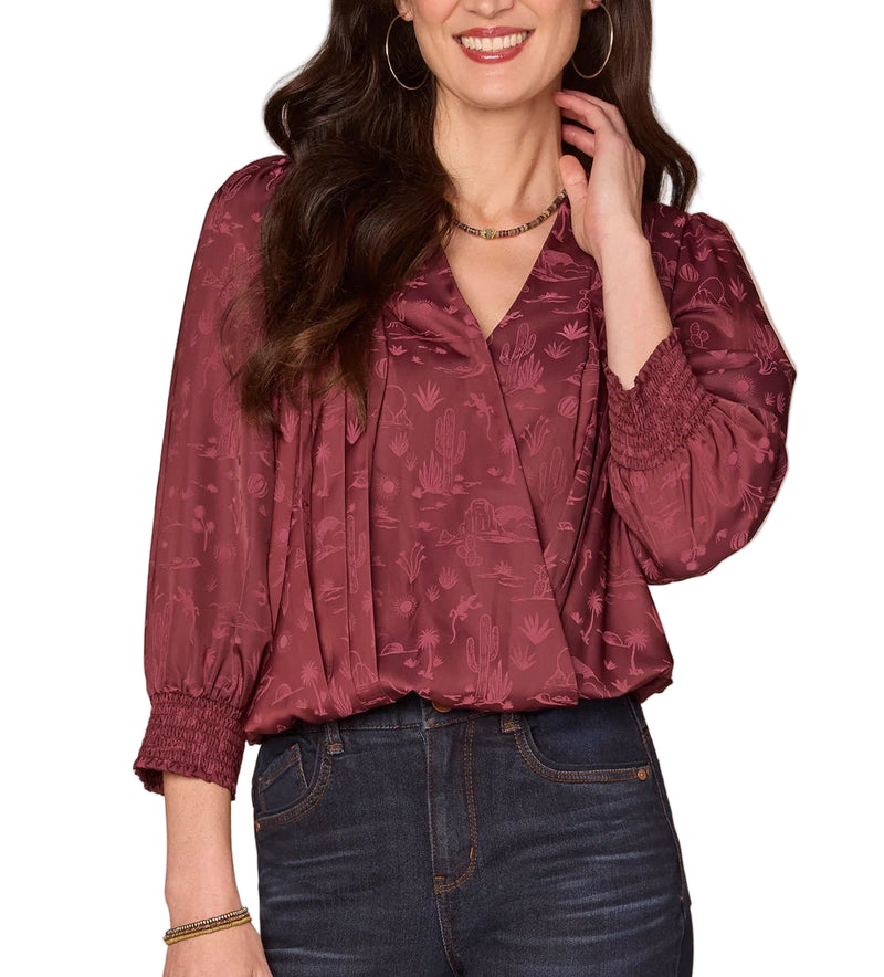 Democracy Womens Long Blouson Sleeve Overlap V-Neck Woven Top With Smock Cuffs