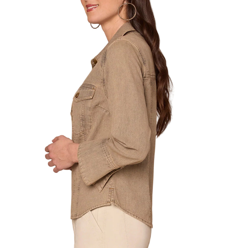 Democracy Womens Three Quarter French Cuff Sleeve Button Down Denim Shirt