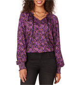 Democracy Womens Ruffle Edge V-Neck Floral Print Woven Long Sleeve Top