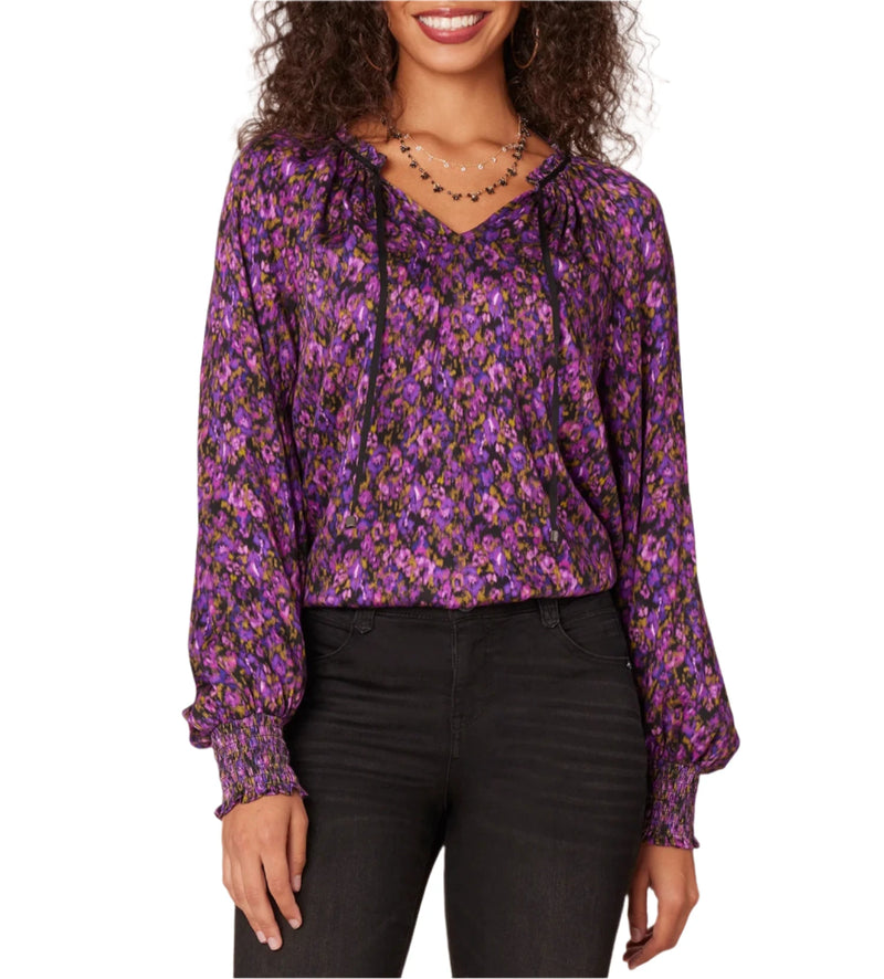 Democracy Womens Ruffle Edge V-Neck Floral Print Woven Long Sleeve Top ...
