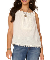 Democracy Womens Wide Strap Ruffle Square Neck Embroidered Mixed Media Woven Tank Top