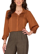 Democracy Womens Collared Button Down Scallop Edge Woven 3/4 Sleeve Shirt