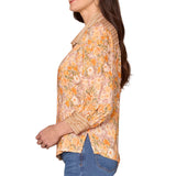 Democracy Womens Three Quarter Sleeve Collared Button Down Printed Woven Shirt