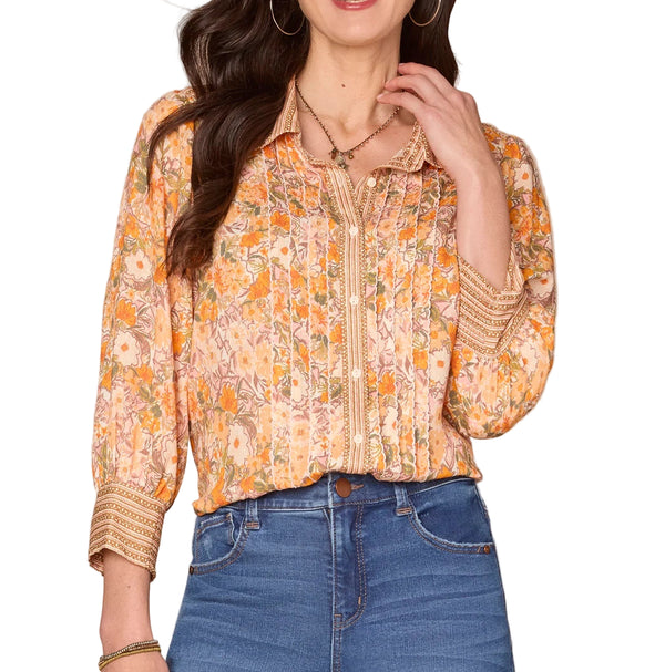 Democracy Womens Three Quarter Sleeve Collared Button Down Printed Woven Shirt