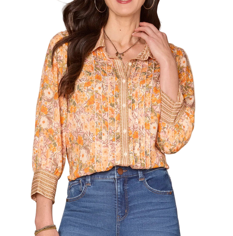 Democracy Womens Three Quarter Sleeve Collared Button Down Printed Woven Shirt