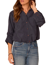 Democracy Womens 3/4 Tucked Sleeve Collar Button Down Bubble Hem Woven Shirt