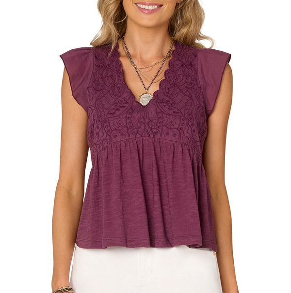 Democracy Womens Flutter Sleeve Embroidered Top
