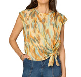 Democracy Womens Pleated Shoulder Sleeve Scoop Neck Asymmetrical Knot Hem Woven Top