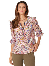 Democracy Womens Split Round Neck Three Quarter Flounce Sleeve Embroidered Woven Top