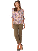 Democracy Womens Split Round Neck Three Quarter Flounce Sleeve Embroidered Woven Top