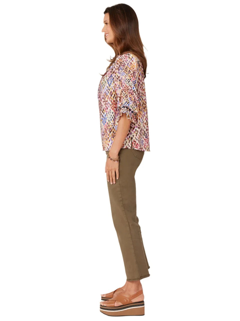 Democracy Womens Split Round Neck Three Quarter Flounce Sleeve Embroidered Woven Top