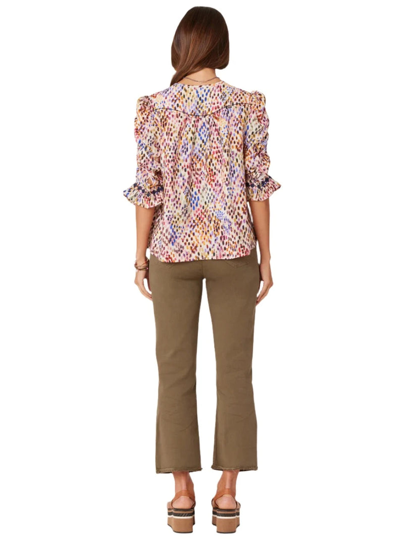 Democracy Womens Split Round Neck Three Quarter Flounce Sleeve Embroidered Woven Top