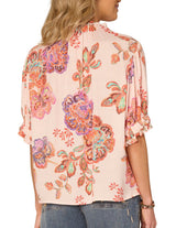 Democracy Womens Printed Elbow-Sleeve Woven Top