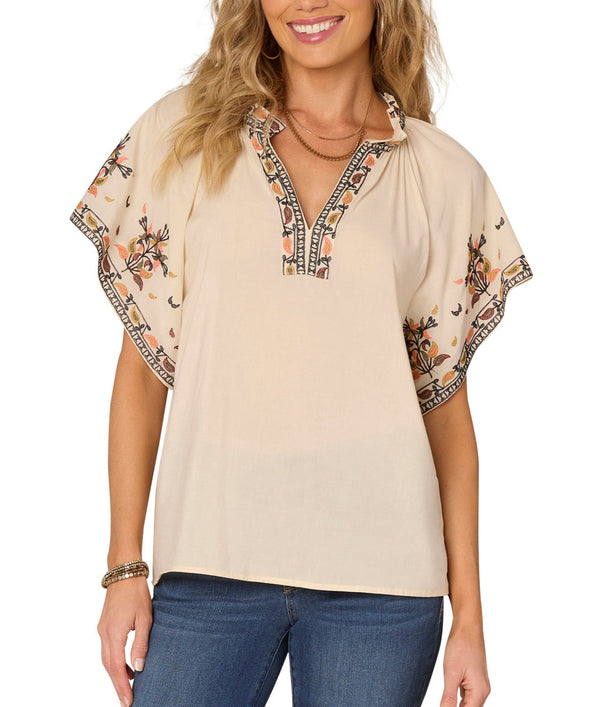 Democracy Womens V-Neck Embroidered Woven Short Sleeve Top