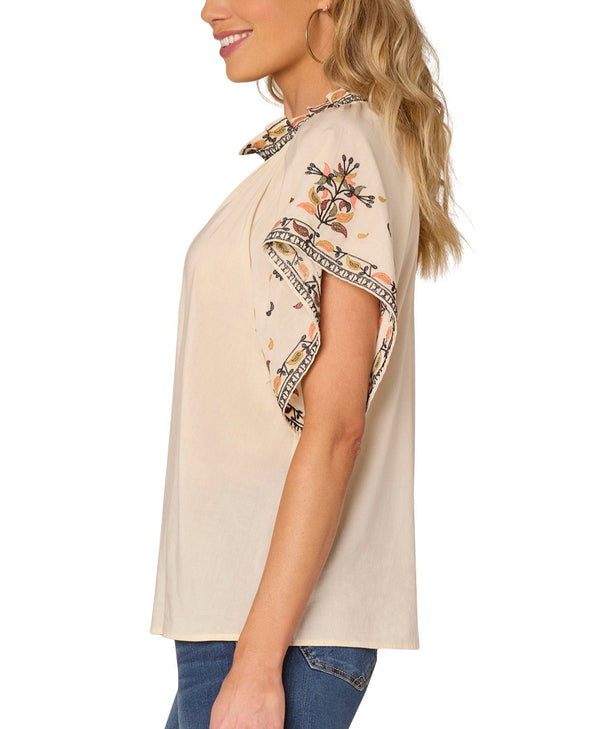 Democracy Womens V-Neck Embroidered Woven Short Sleeve Top