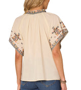 Democracy Womens V-Neck Embroidered Woven Short Sleeve Top
