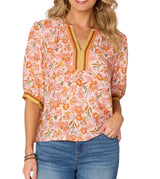 Democracy Womens Elbow Sleeve V-Notch Neck Floral Print Woven Top