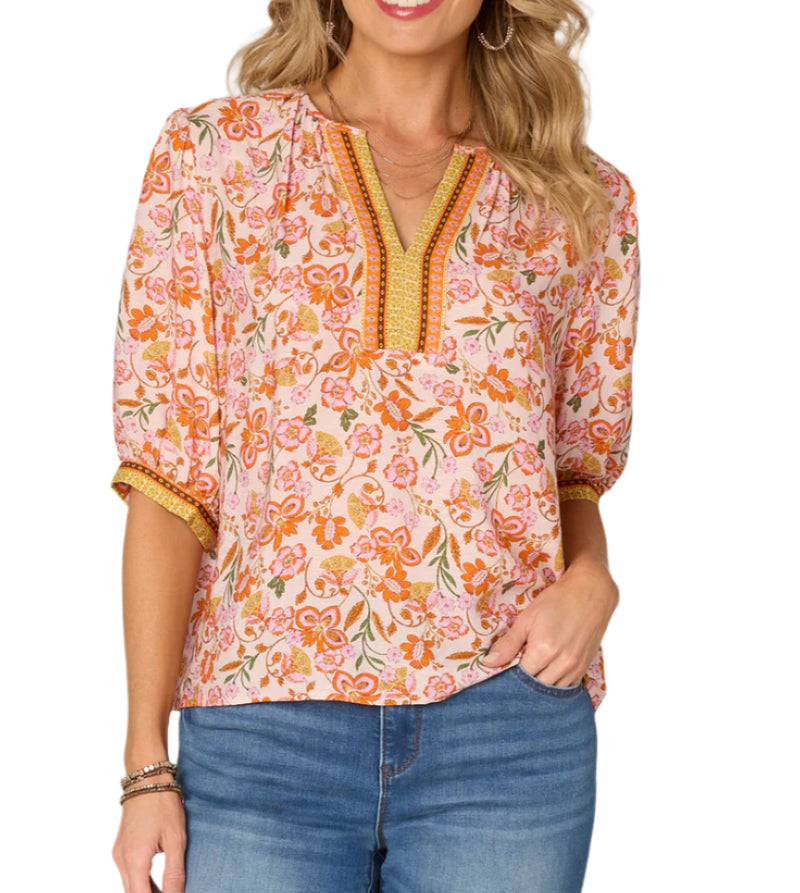 Democracy Womens Elbow Sleeve V-Notch Neck Floral Print Woven Top