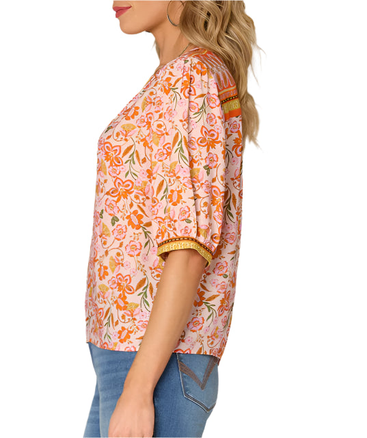 Democracy Womens Elbow Sleeve V-Notch Neck Floral Print Woven Top