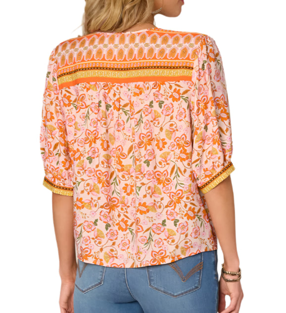 Democracy Womens Elbow Sleeve V-Notch Neck Floral Print Woven Top