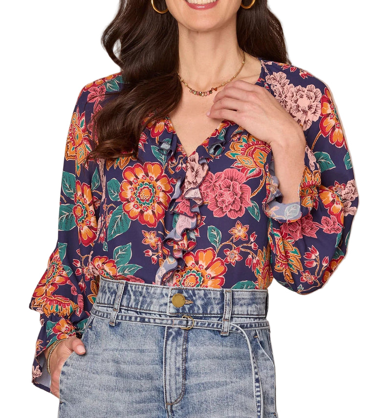 Democracy Womens Long Flounce Sleeve Split Neck Ruffle Front Floral Print Woven Top